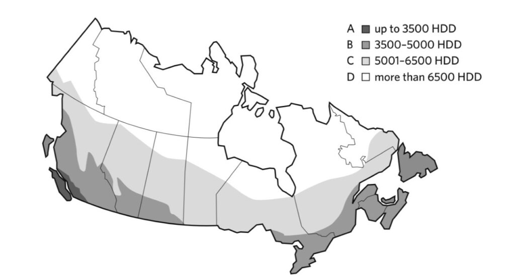 A map of Canada that displays the total Heating Degree Days across different regions