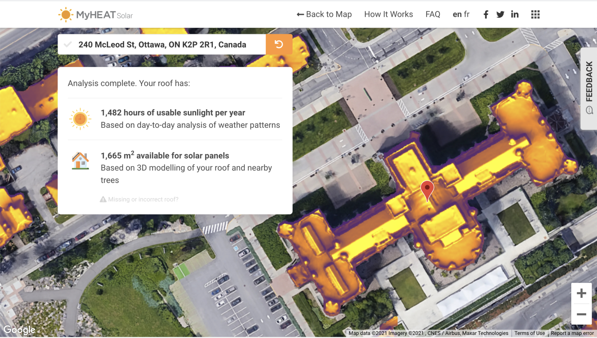 A solar map showing how much sun the roof of the Canadian Museum of Nature building gets at 240 McLeod St, Ottawa, Ontario