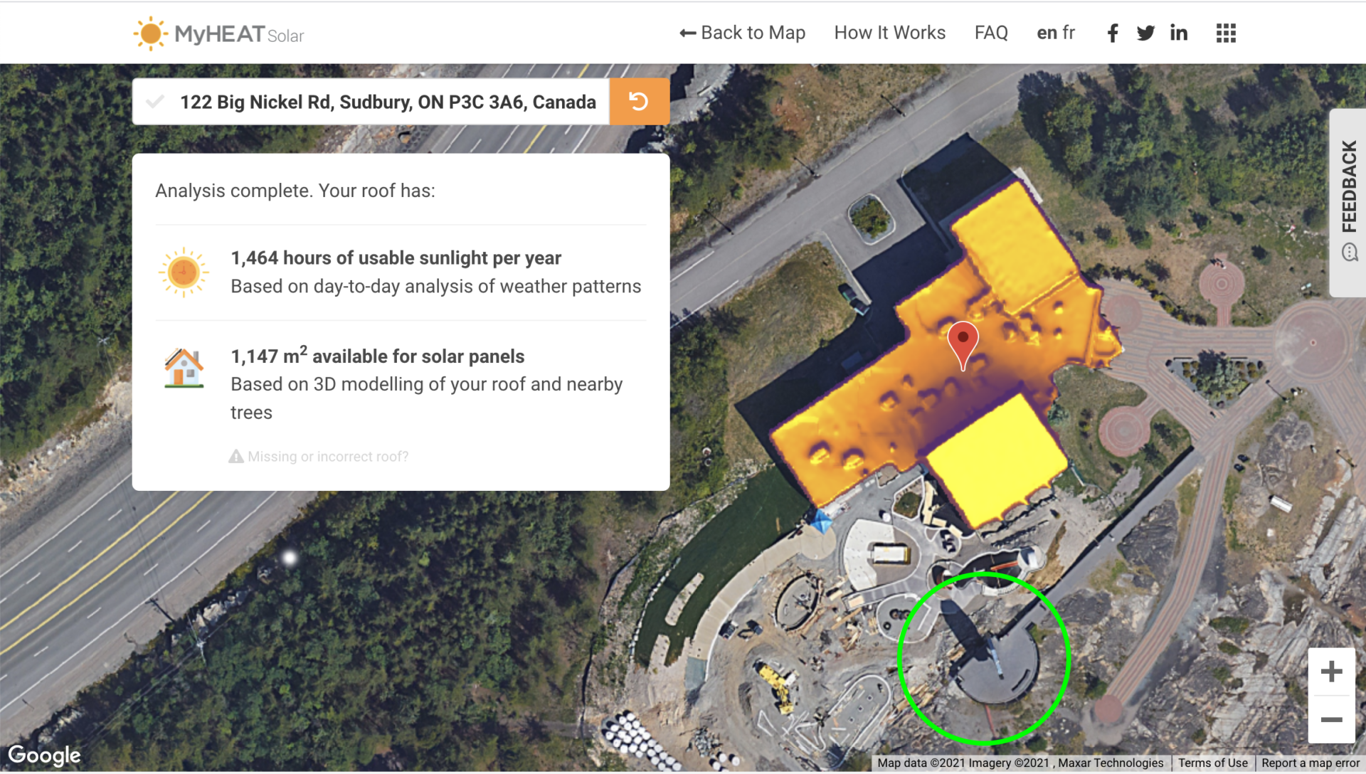 A solar map showing how much sun the roof of the Dynamic Earth Educational Science Centre gets at 122 Big Nickel Road, Sudbury, Ontario