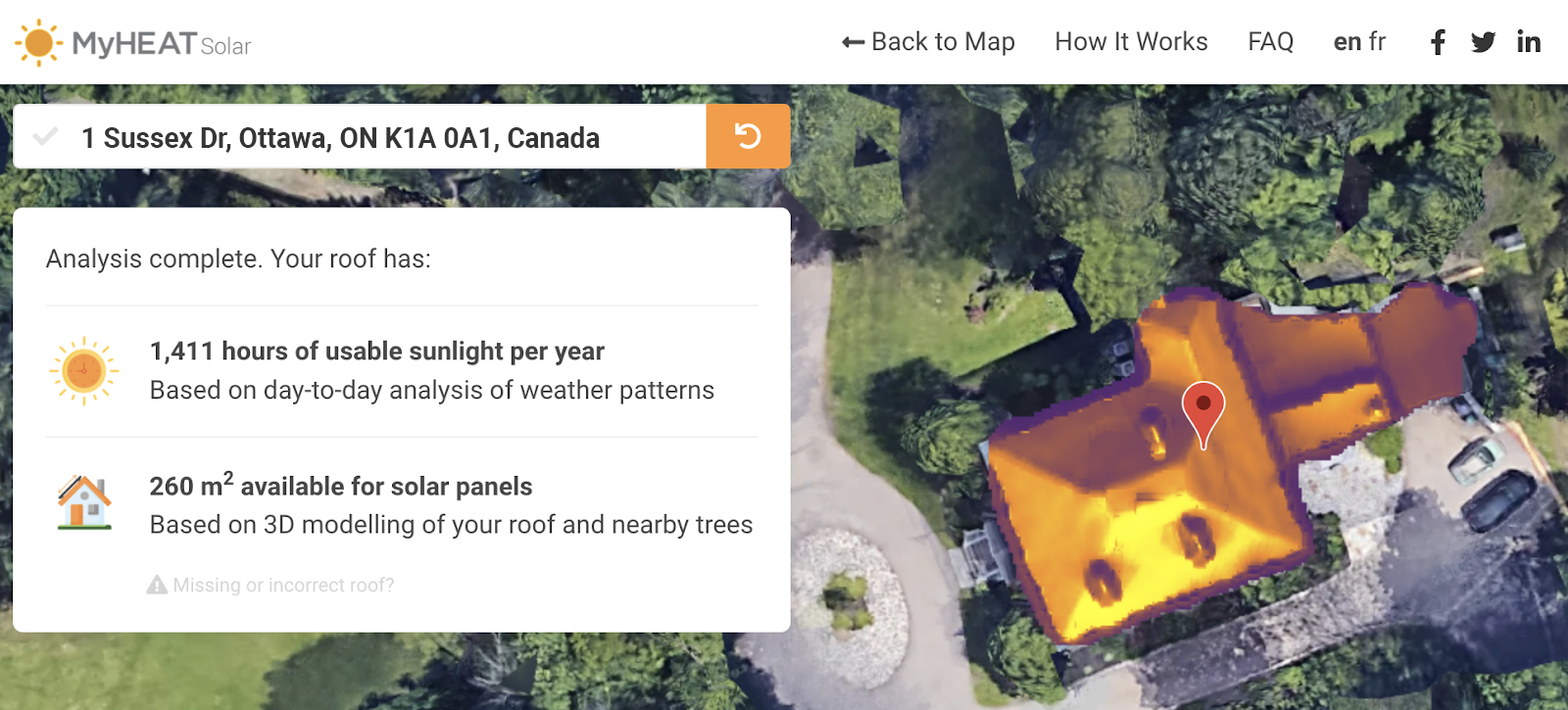 A solar map showing how much sun the roof of Rideau Cottage building gets at 1 Sussex Dr, Ottawa, Ontario