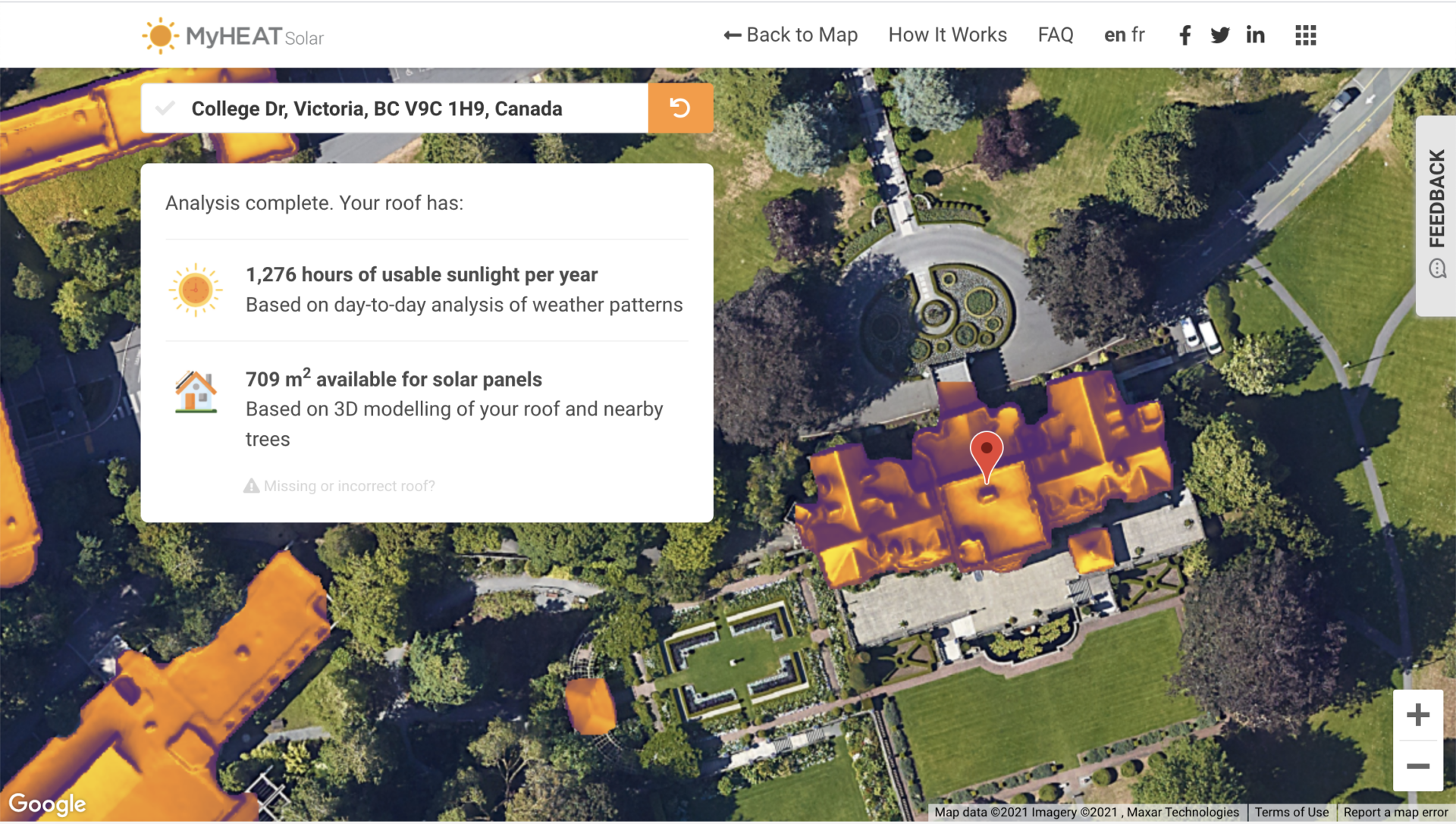 A solar map showing how much sun the roof of the Hatley Castle Building gets at College Drive, Victoria, British Columbia