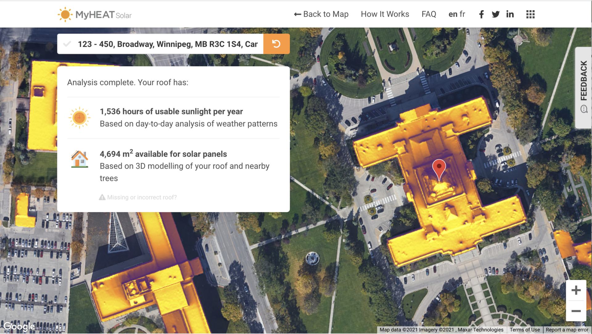 A solar map showing how much sun the roof of the Manitoba Legislative Building gets at 450 Broadway, Winnipeg, Manitoba