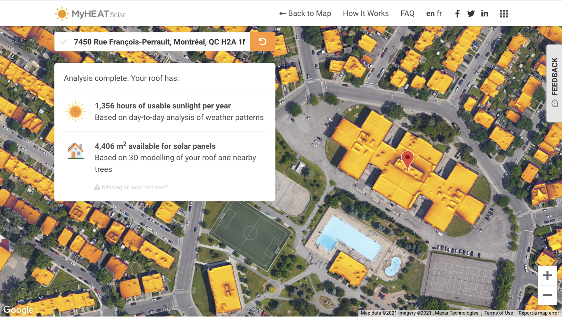 A solar map showing how much sun the roof of the École Joseph-François-Perrault building gets at 7450 Rue Francois-Perrault, Montreal