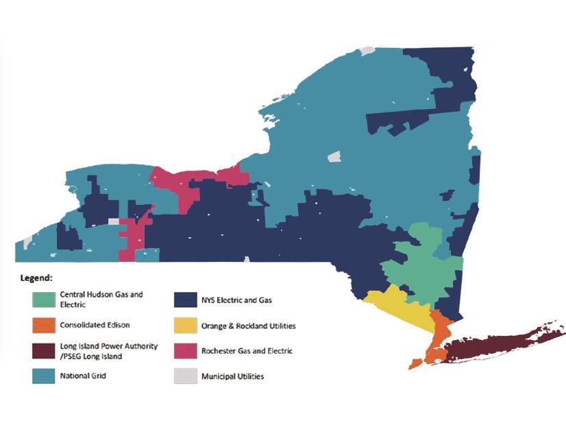 A map of the service territories of the different gas and electric utilities in New York.