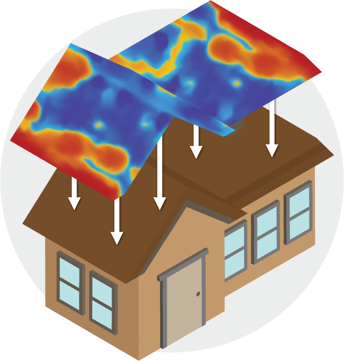 A graphic of a heat loss map layered above the rooftop of a house