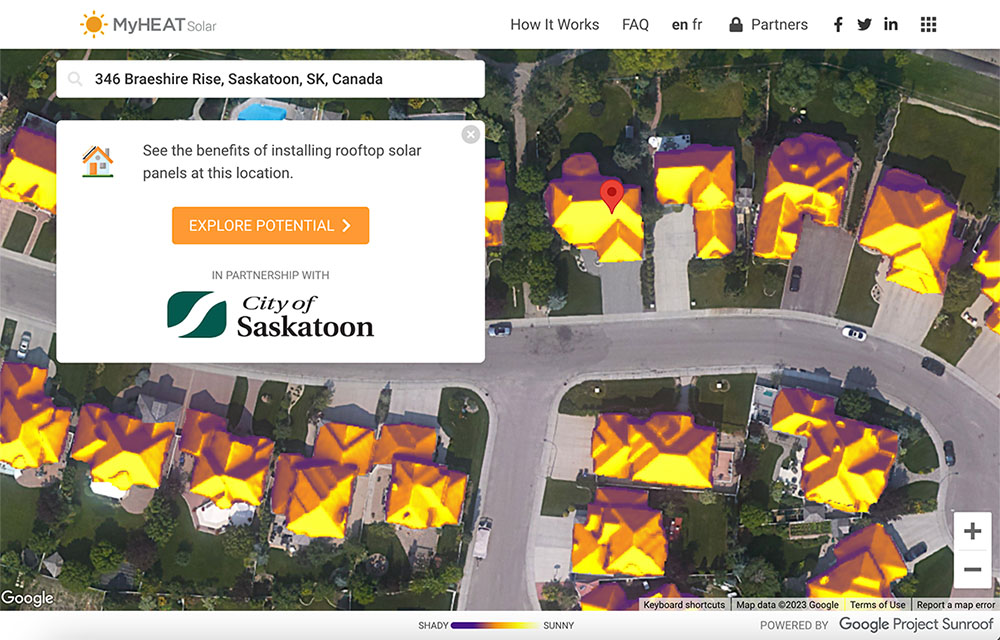 A screenshot from MyHEAT Solar Maps, showing a home with its rooftop solar potential displayed