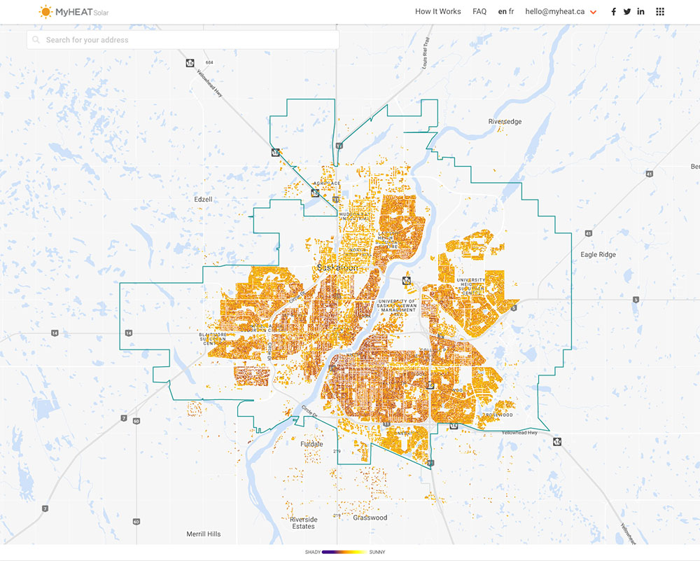 A bird's eye view of the solar potential of Saskatoon on a map