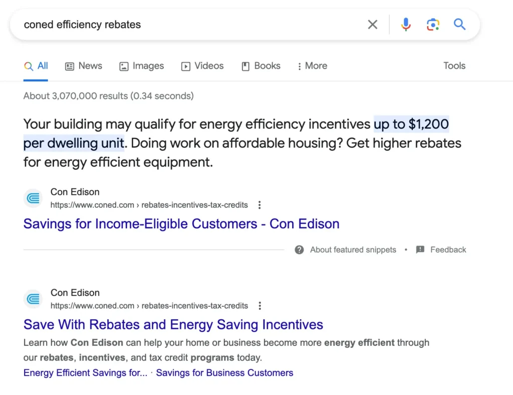 A screenshot of Google Search results showing Con Edison rebate links