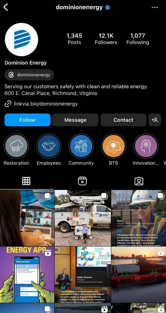 A screenshot of Dominion Energy's Instagram profile