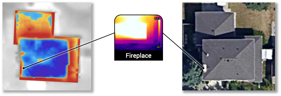 A heat loss map of a garage showing excess air leakage from a fireplace and up through the chimney.