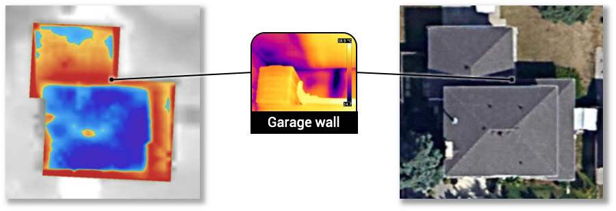 A heat loss map of a garage showing air leakage from garage wall.