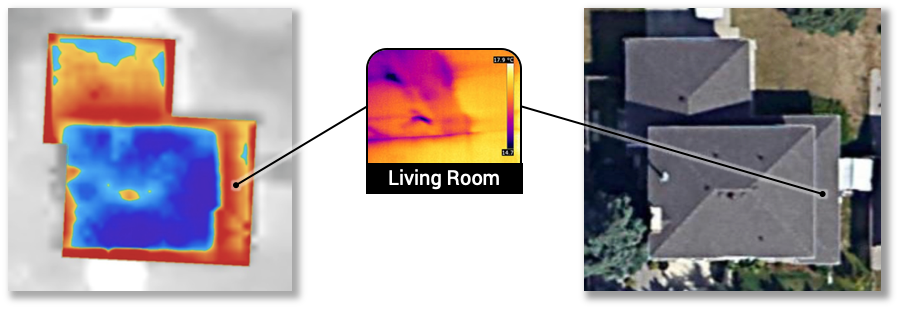 A heat loss map of a house showing leakage from a living room ceiling due to bad insulation