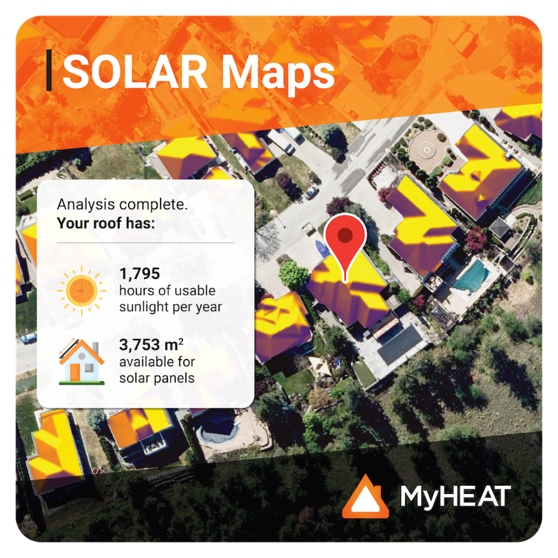 An aerial view of the rooftop solar potential of multiple homes, and an analysis of one rooftop's potential expressed in usable sunlight hours and available rooftop space