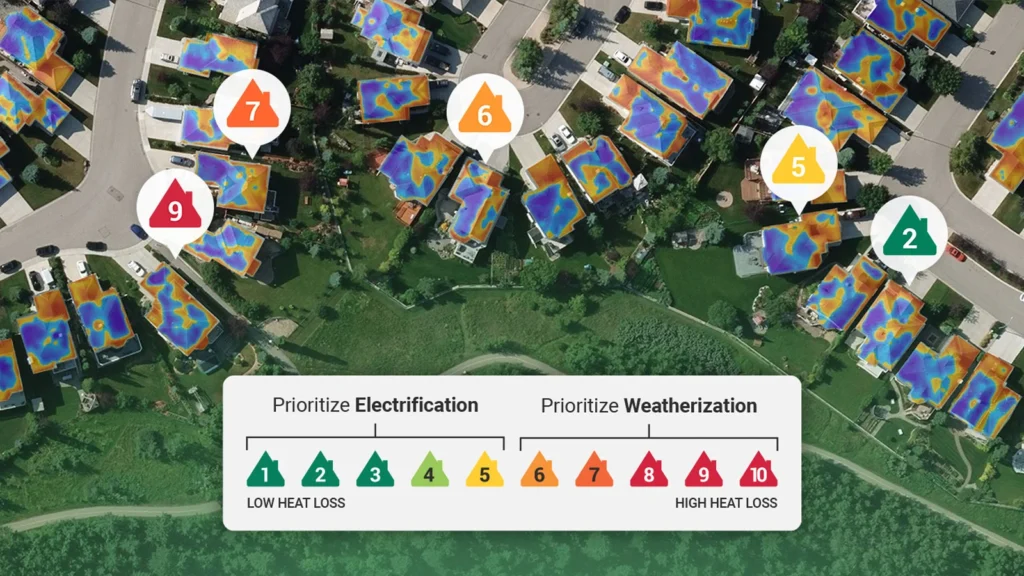 An aerial view of buildings with heat loss maps and ratings overlaid on rooftops